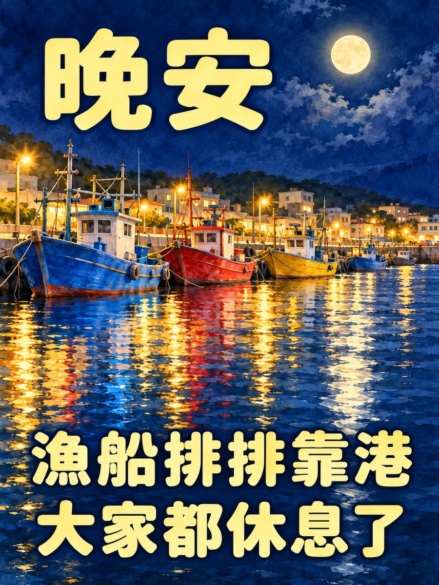 彩色漁船倒影。圖中文字：晚安，漁船排排靠港，大家都休息了