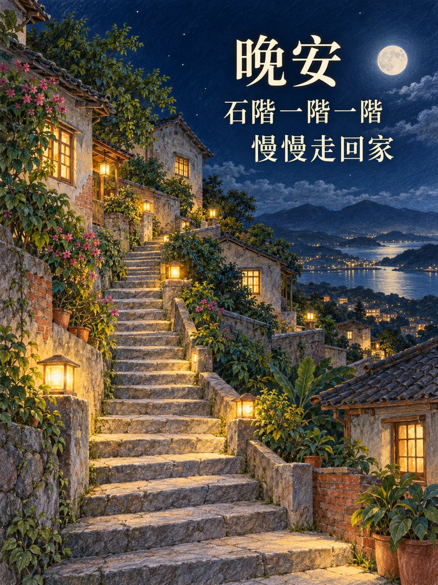 石階小村燈火。圖中文字：晚安，石階一階一階，慢慢走回家