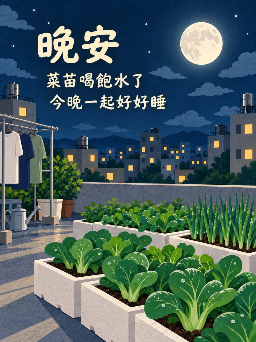 頂樓菜園月色。圖中文字：晚安，菜苗喝飽水了，今晚一起好好睡