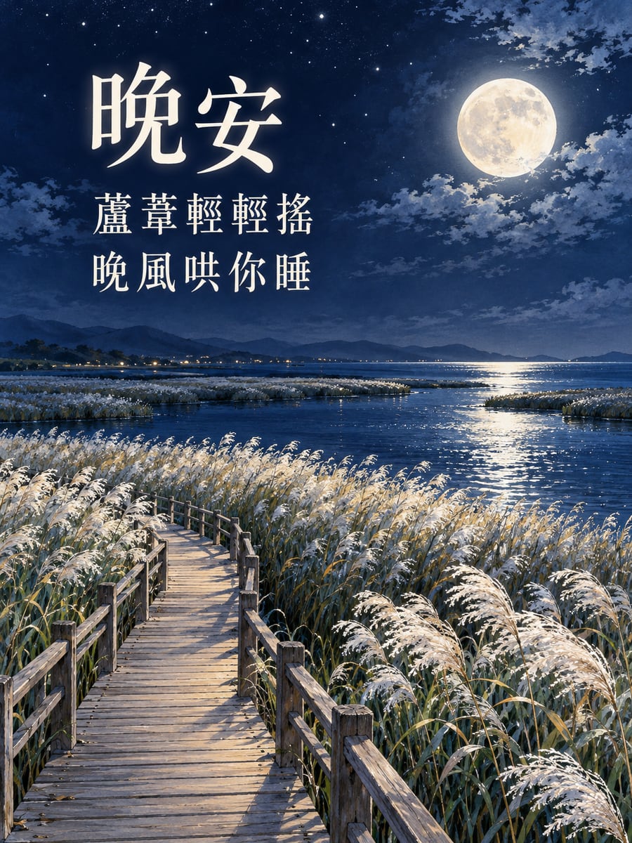 河口蘆葦月色。圖中文字：晚安，蘆葦輕輕搖，晚風哄你睡