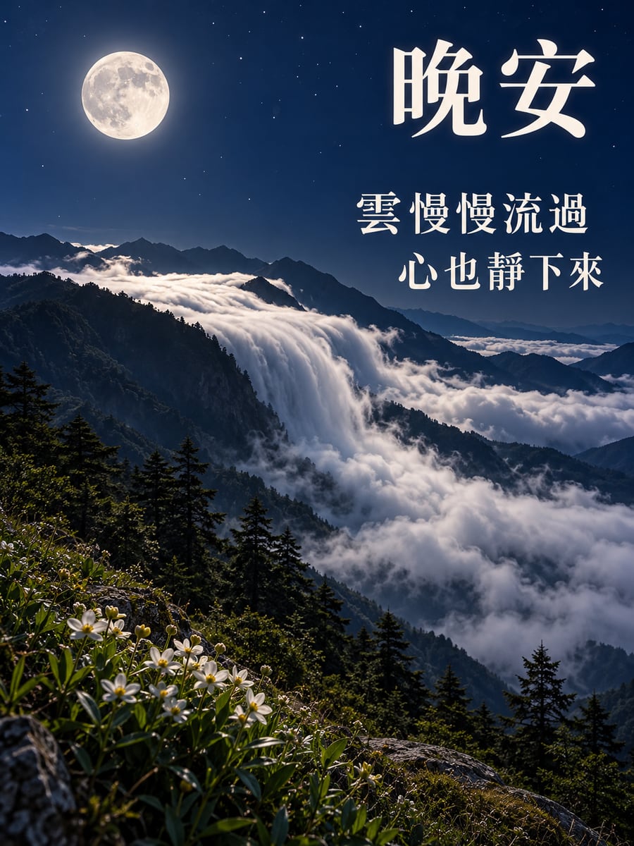月光下的雲瀑。圖中文字：晚安，雲慢慢流過，心也靜下來