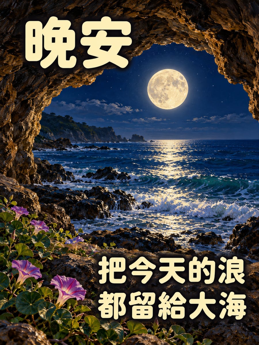 海蝕洞望月。圖中文字：晚安，把今天的浪，都留給大海