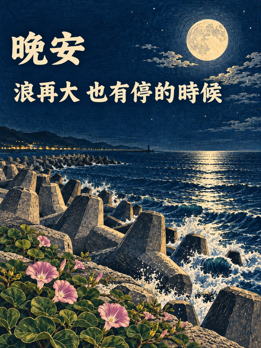 消波塊上的月光。圖中文字：晚安，浪再大，也有停的時候