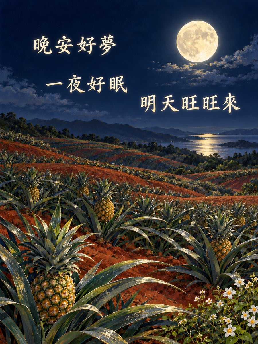 月光下的鳳梨田。圖中文字：晚安好夢，一夜好眠，明天旺旺來