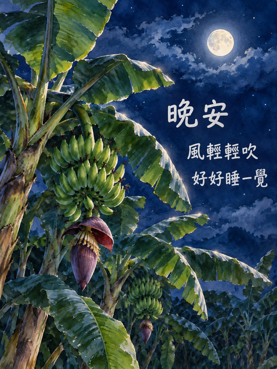 香蕉園的月色。圖中文字：晚安，風輕輕吹，好好睡一覺