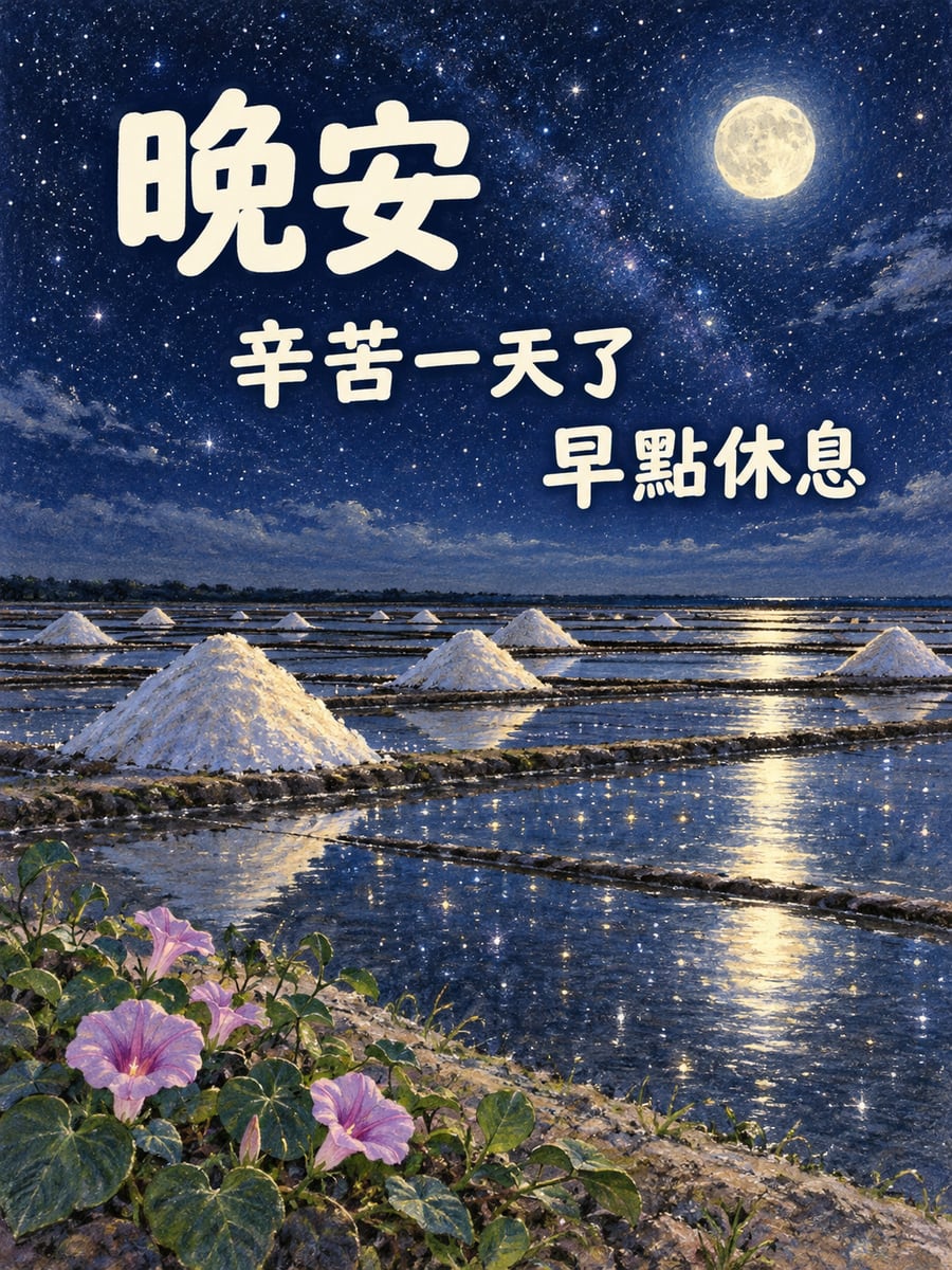 夜裡的鹽山。圖中文字：晚安，辛苦一天了，早點休息