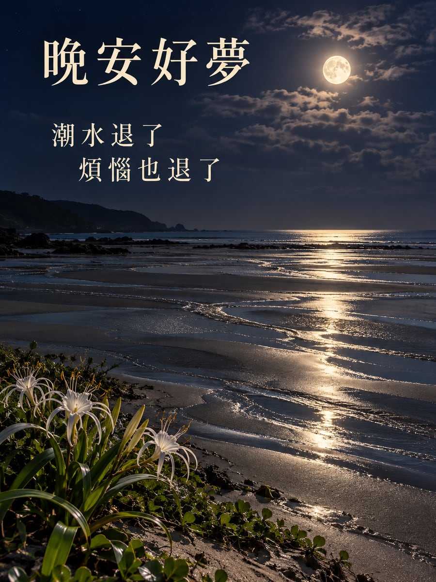 退潮沙洲的月光。圖中文字：晚安好夢，潮水退了，煩惱也退了