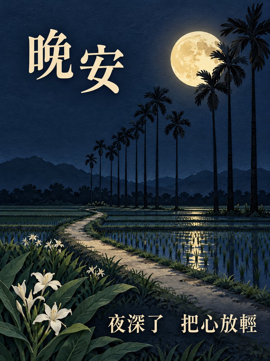 月光下的檳榔樹。圖中文字：晚安，夜深了，把心放輕