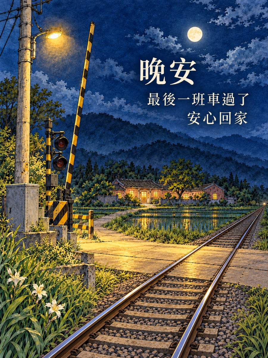 平交道的路燈。圖中文字：晚安，最後一班車過了，安心回家
