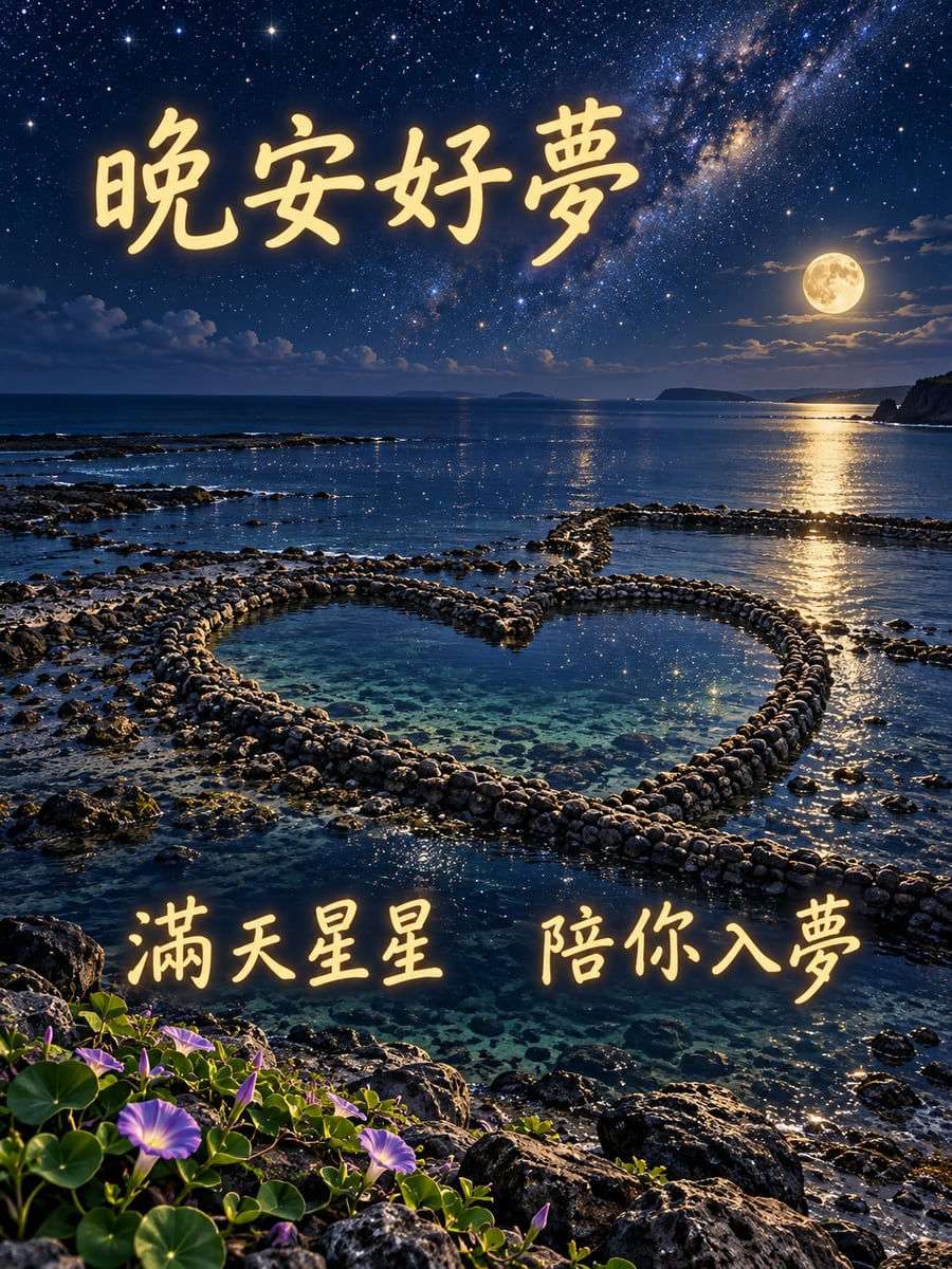 星空下的石滬。圖中文字：晚安好夢，滿天星星，陪你入夢