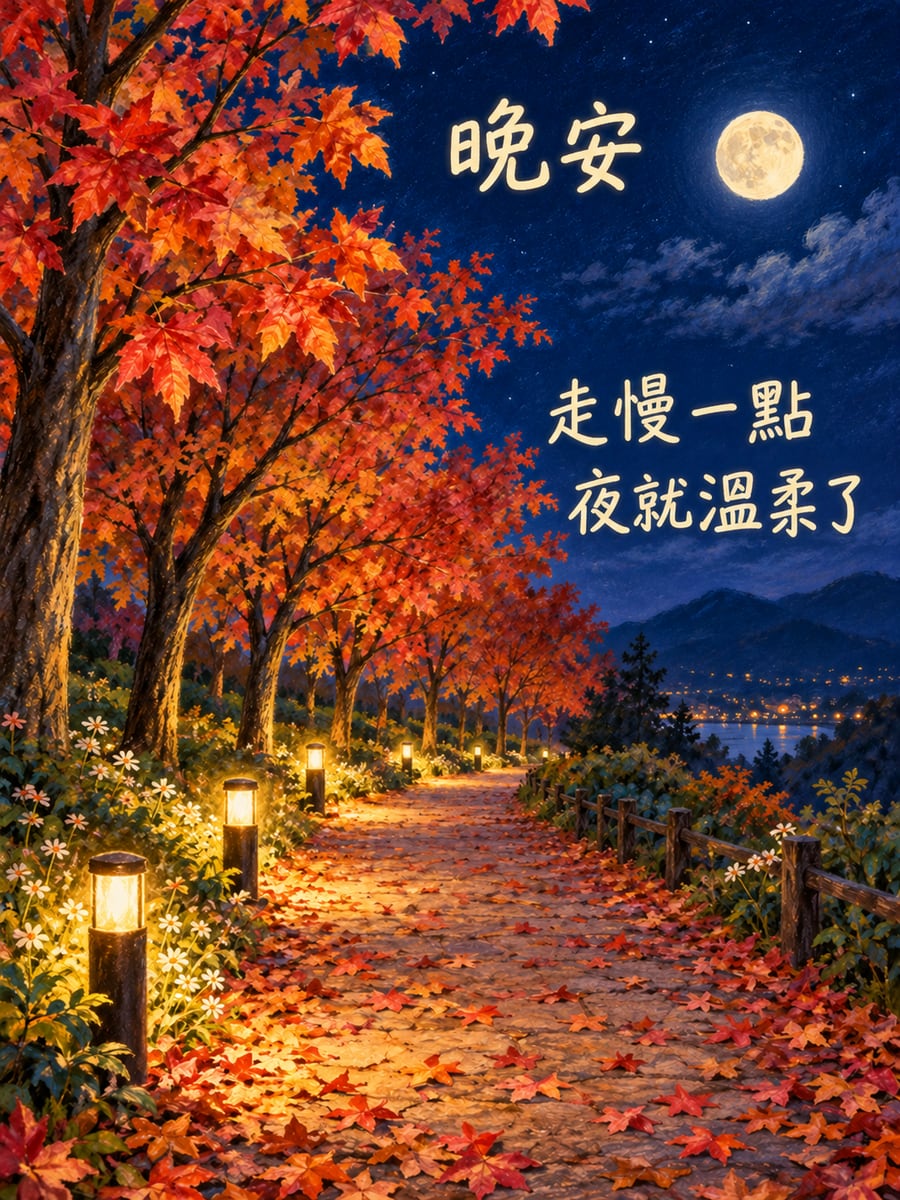 楓紅步道的月色。圖中文字：晚安，走慢一點，夜就溫柔了