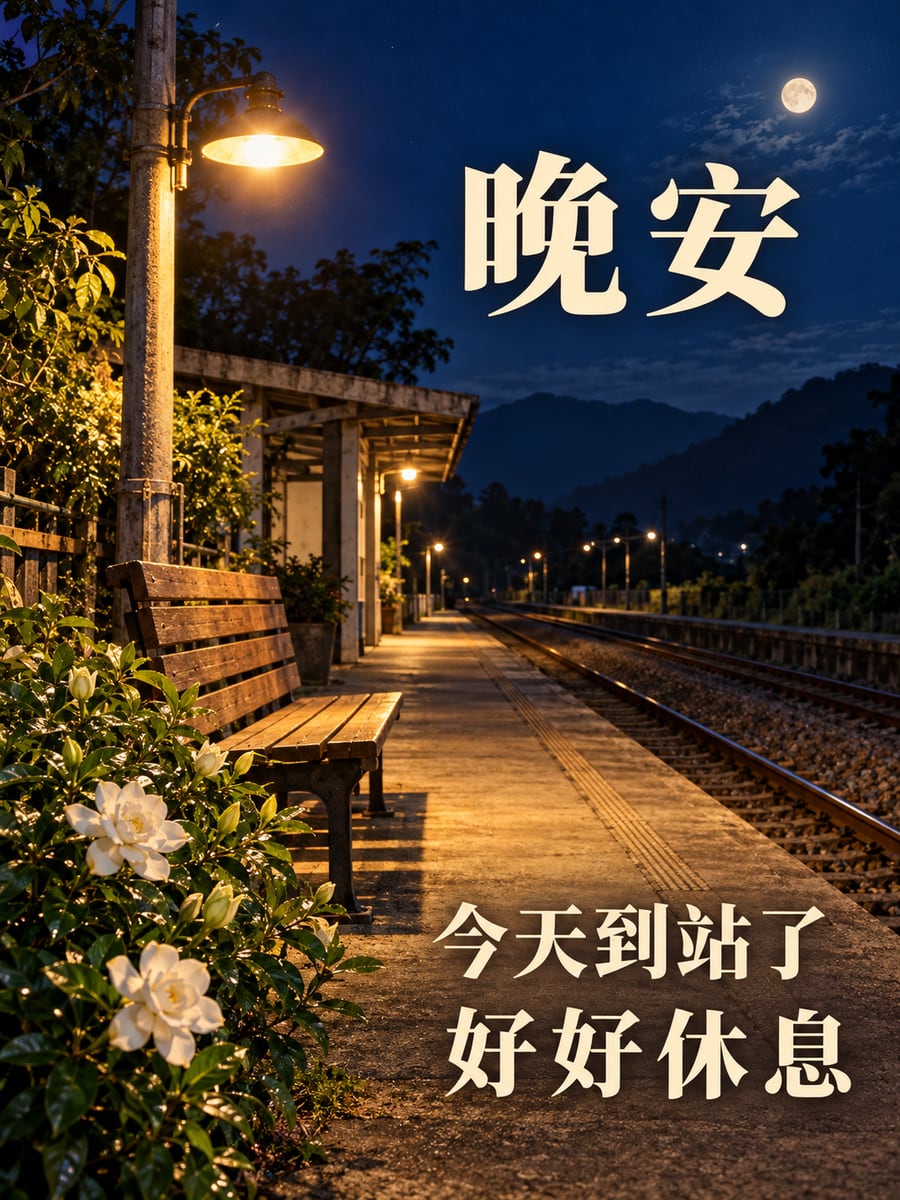 鄉間小站的燈。圖中文字：晚安，今天到站了，好好休息