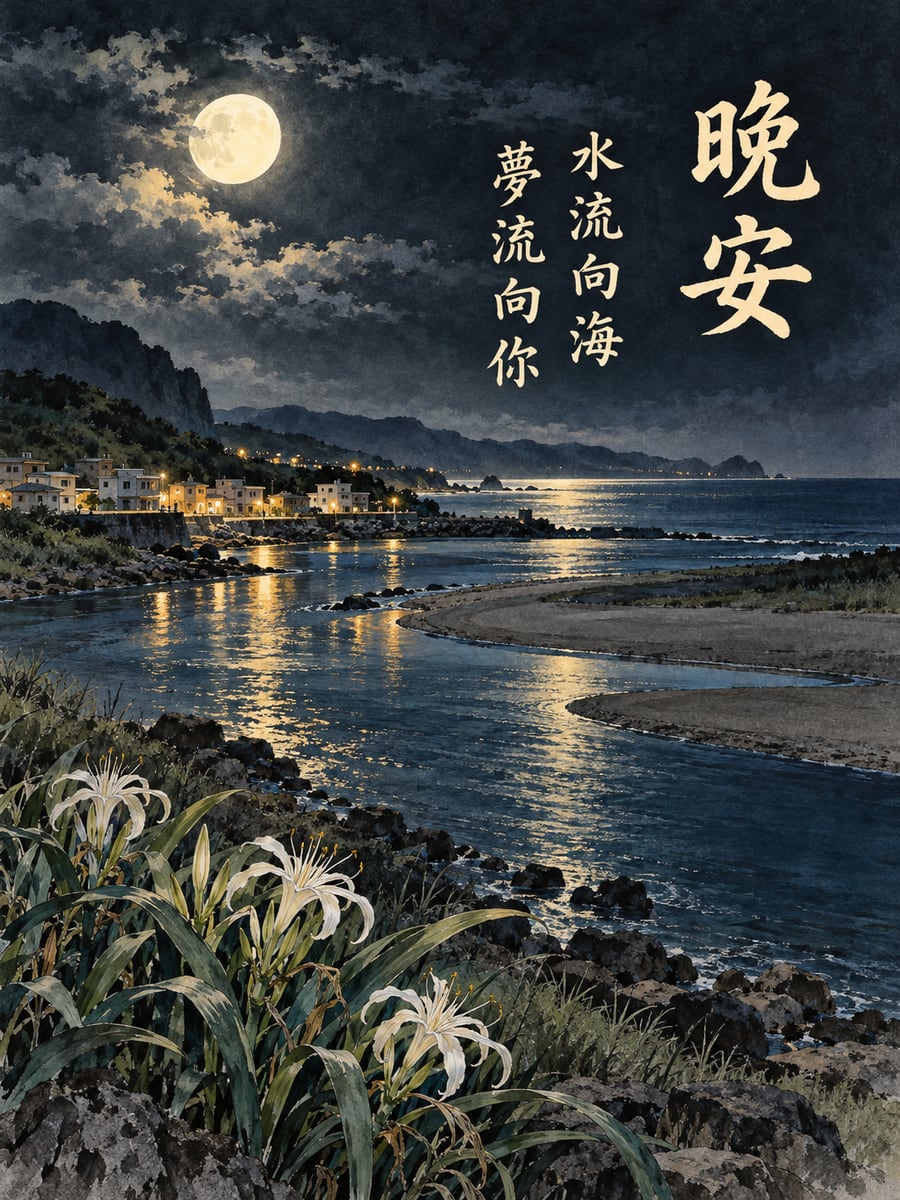 溪口的燈火。圖中文字：晚安，水流向海，夢流向你
