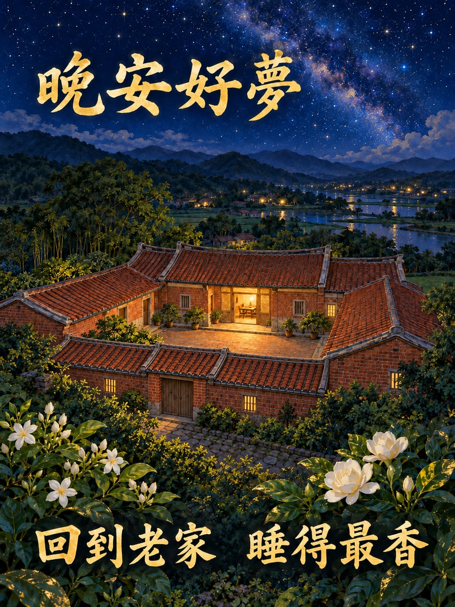 紅瓦老家的星空。圖中文字：晚安好夢，回到老家，睡得最香