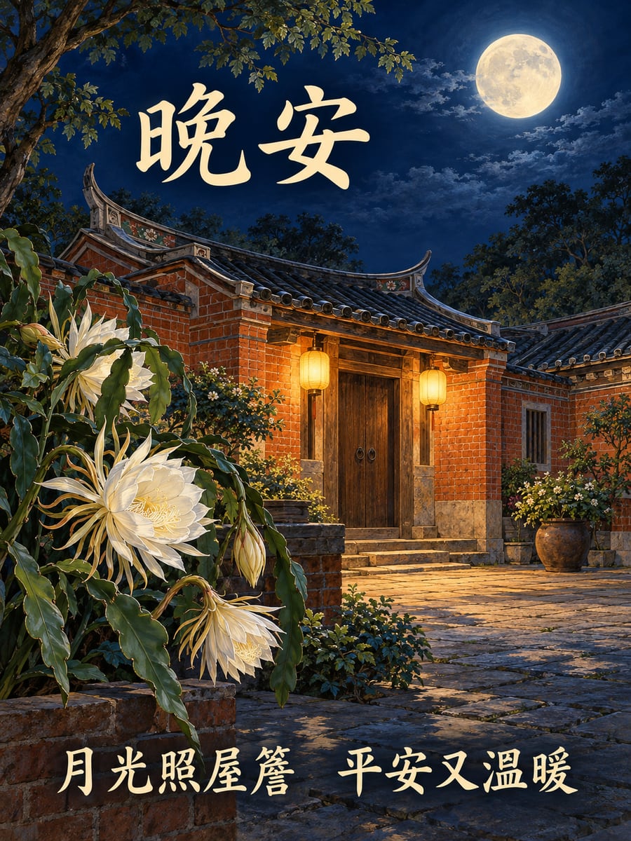 紅磚古厝的月光。圖中文字：晚安，月光照屋簷，平安又溫暖