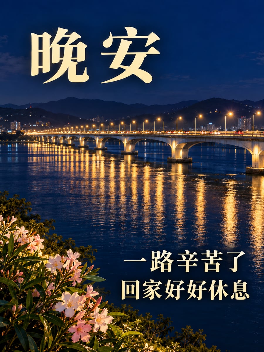 溪上大橋的燈影。圖中文字：晚安，一路辛苦了，回家好好休息