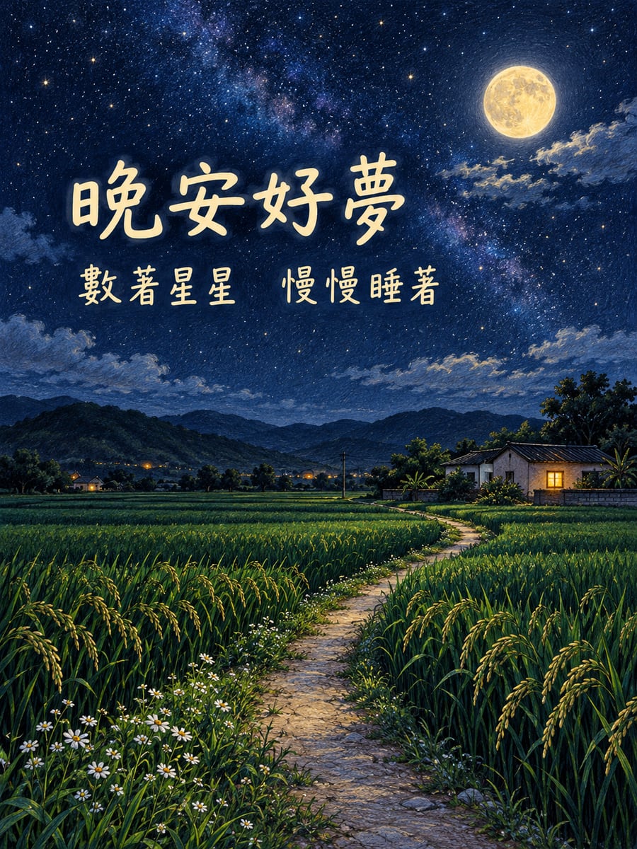星空下的田間小路。圖中文字：晚安好夢，數著星星，慢慢睡著