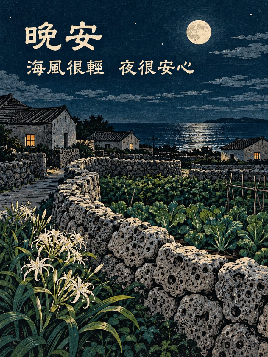 咾咕石牆的月光。圖中文字：晚安，海風很輕，夜很安心