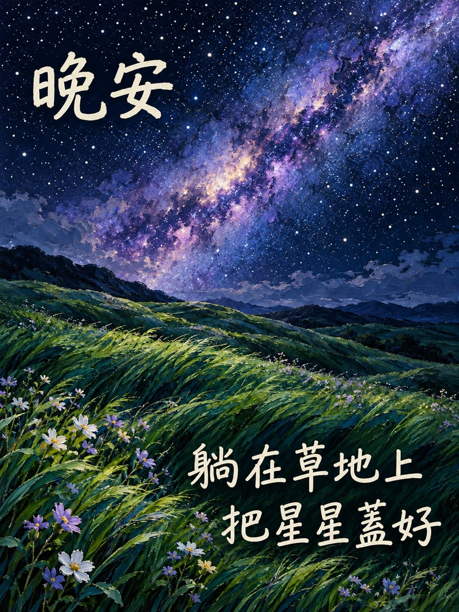 星空下的牧草坡。圖中文字：晚安，躺在草地上，把星星蓋好