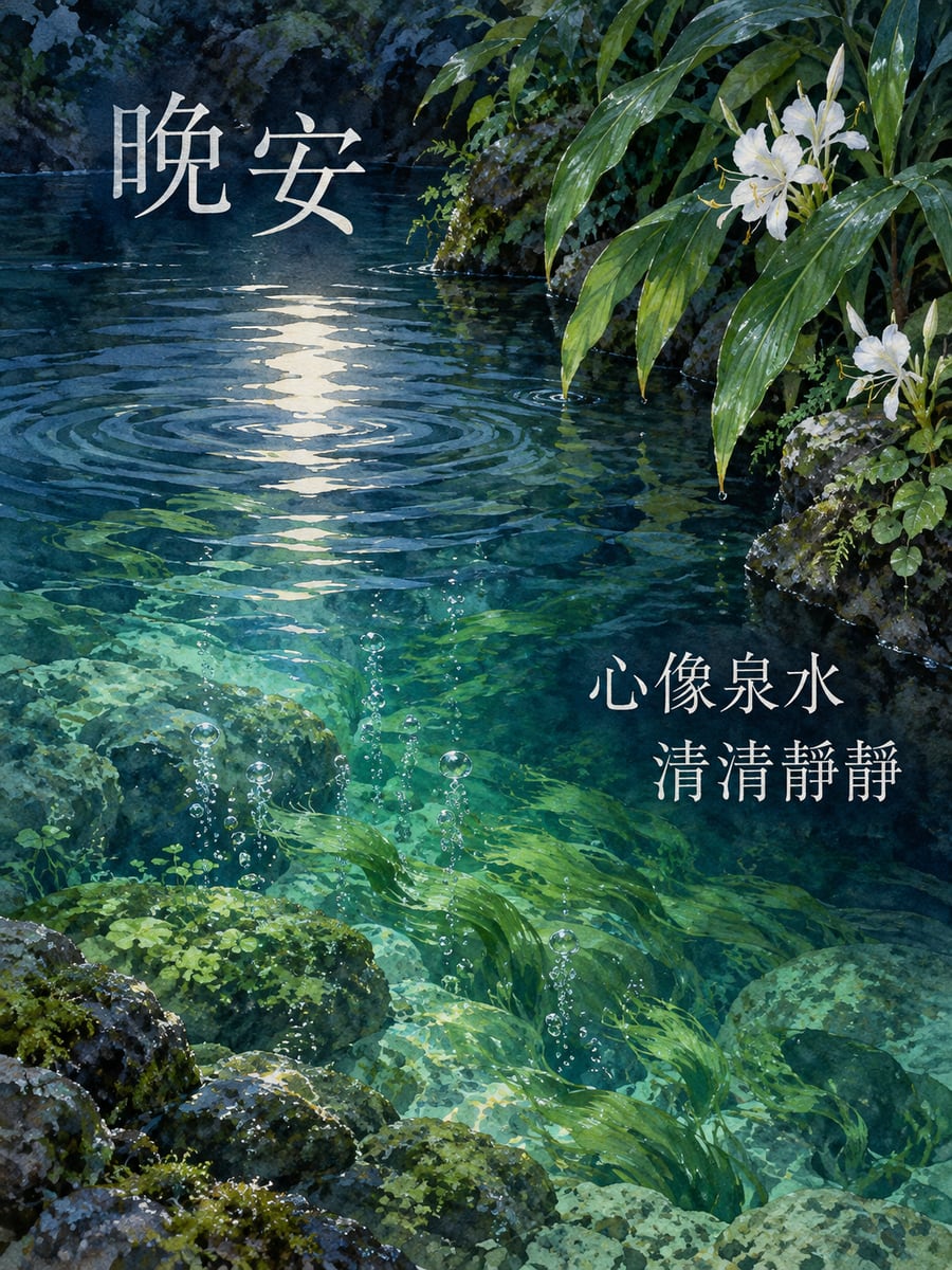 月夜湧泉。圖中文字：晚安，心像泉水，清清靜靜