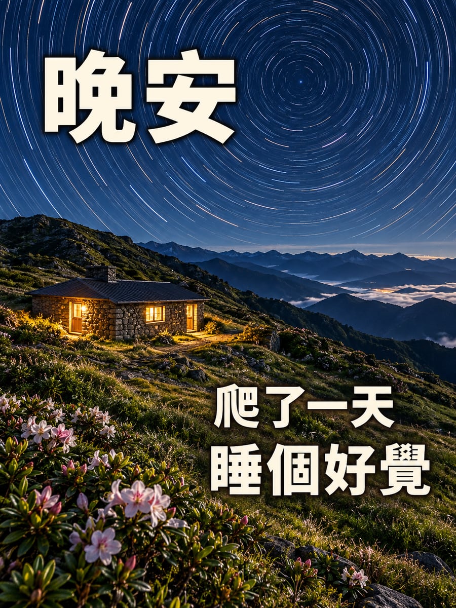 星空下的山屋。圖中文字：晚安，爬了一天，睡個好覺