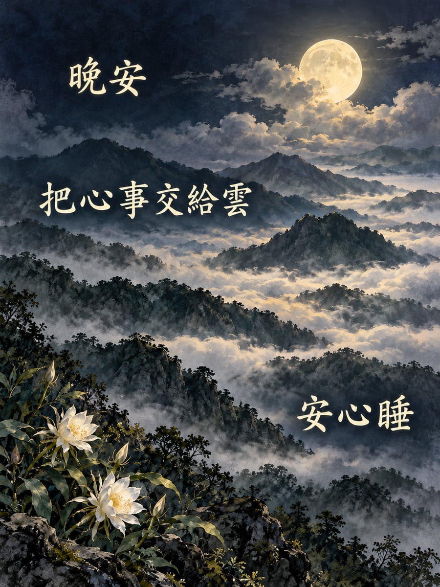 雲霧山頭的明月。圖中文字：晚安，把心事交給雲，安心睡