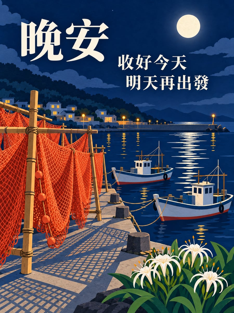 月光下的曬漁網。圖中文字：晚安，收好今天，明天再出發