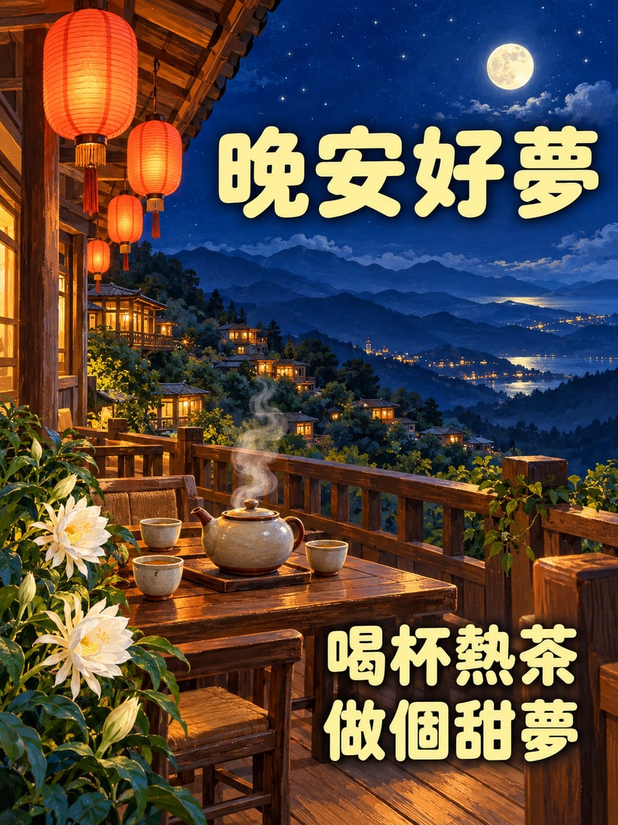 山城茶館的燈籠。圖中文字：晚安好夢，喝杯熱茶，做個甜夢