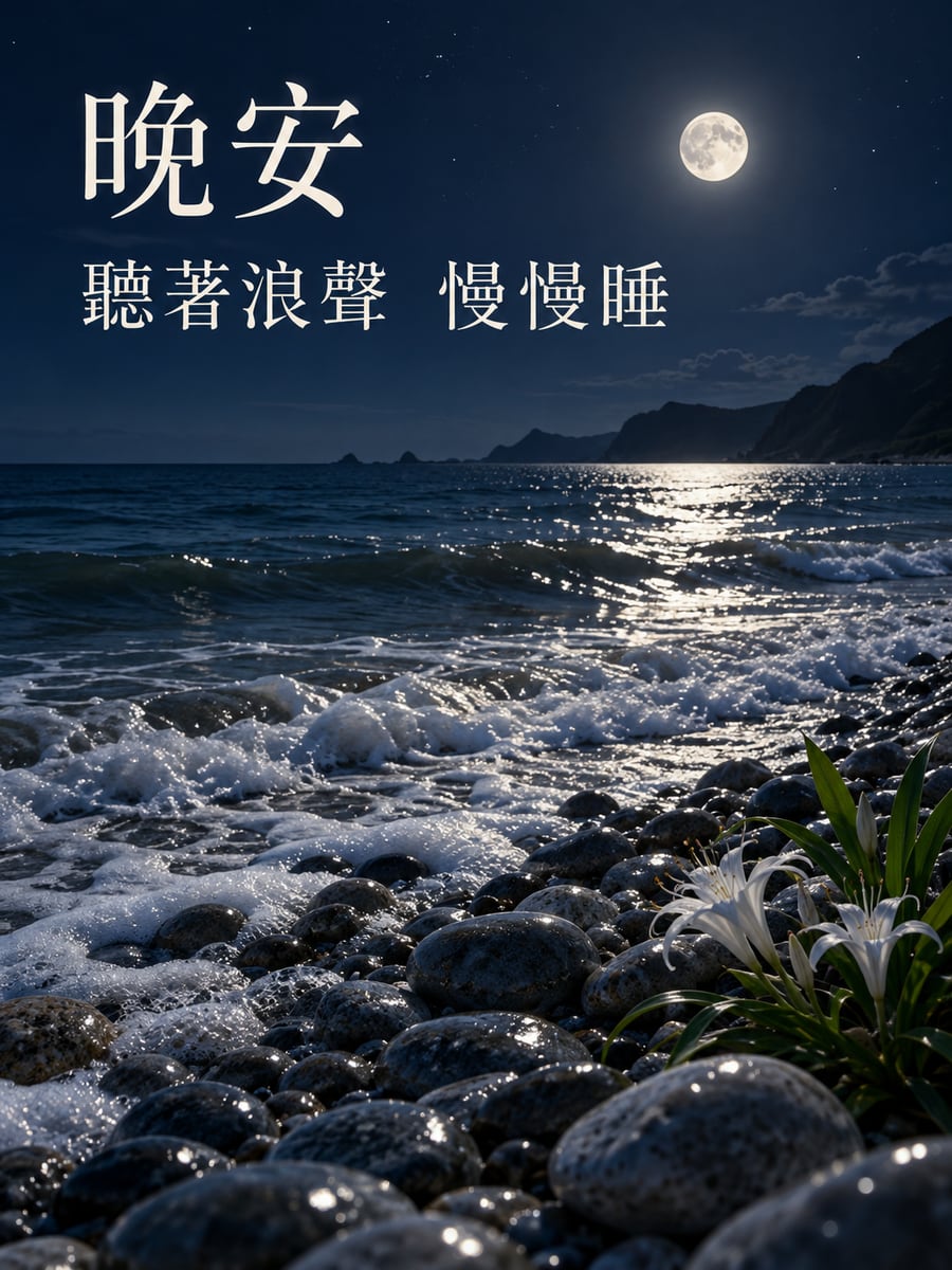 鵝卵石海岸的月夜。圖中文字：晚安，聽著浪聲，慢慢睡