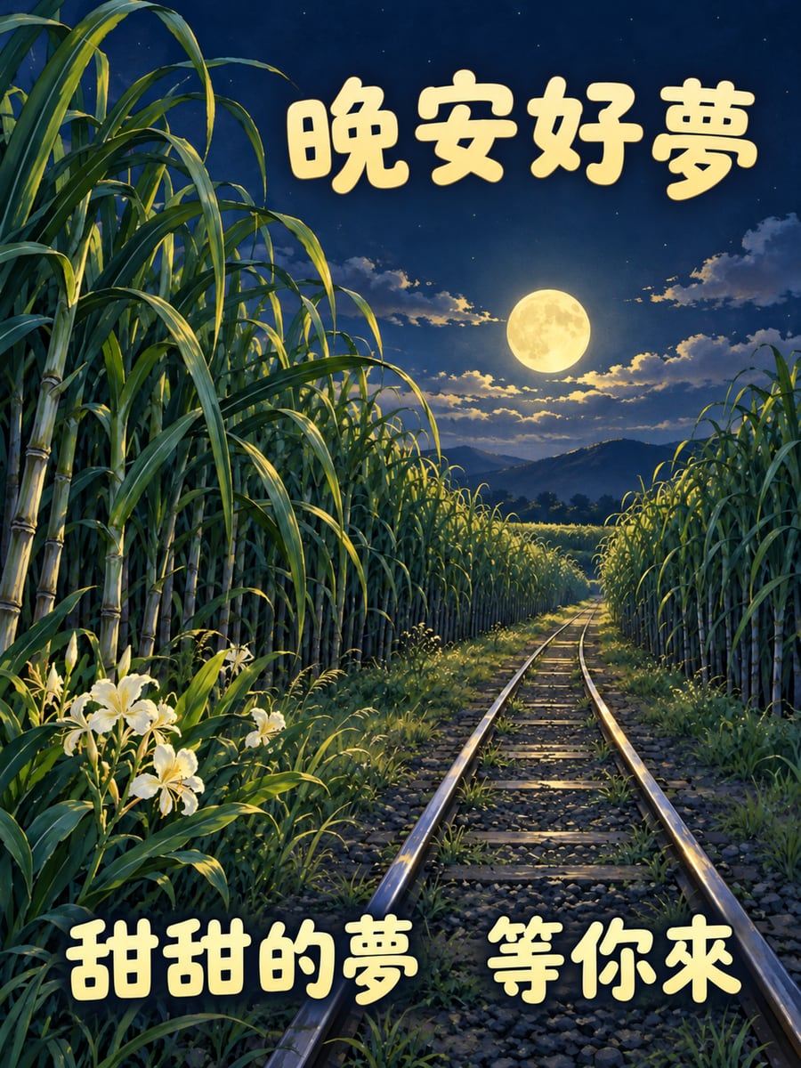 月光下的甘蔗田。圖中文字：晚安好夢，甜甜的夢，等你來