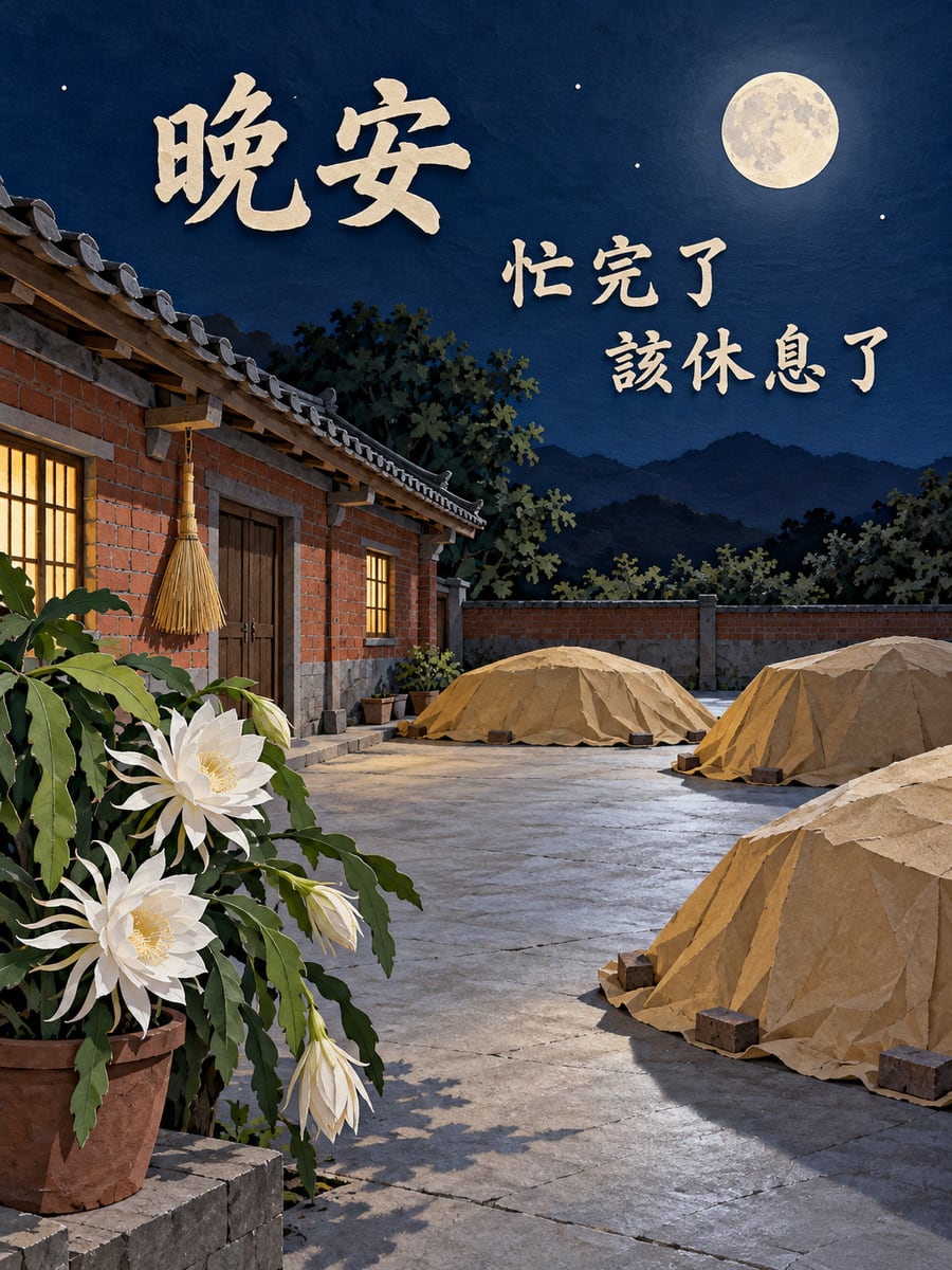 曬穀場的月光。圖中文字：晚安，忙完了，該休息了