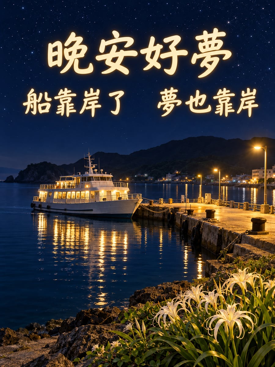 離島碼頭的夜。圖中文字：晚安好夢，船靠岸了，夢也靠岸