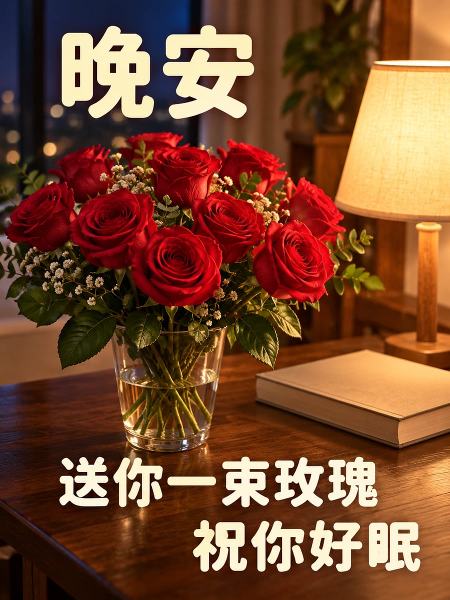 檯燈下的一束紅玫瑰。圖中文字：晚安，送你一束玫瑰，祝你好眠