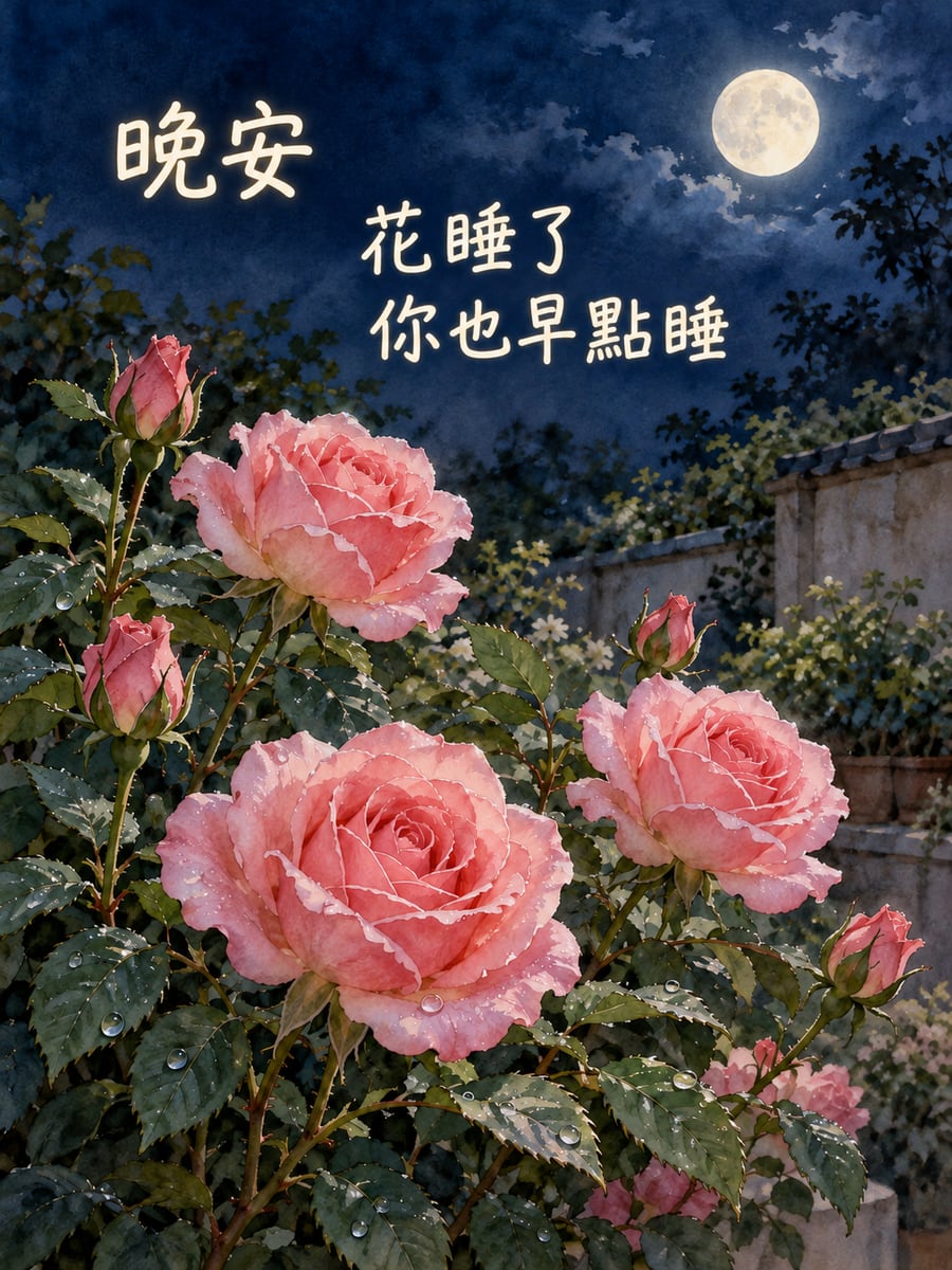 月光下的粉玫瑰。圖中文字：晚安，花睡了，你也早點睡