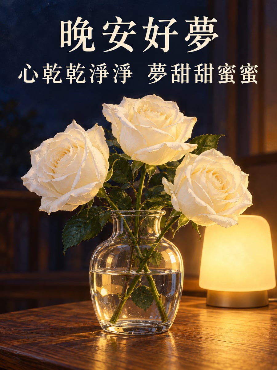 玻璃瓶裡的白玫瑰。圖中文字：晚安好夢，心乾乾淨淨，夢甜甜蜜蜜