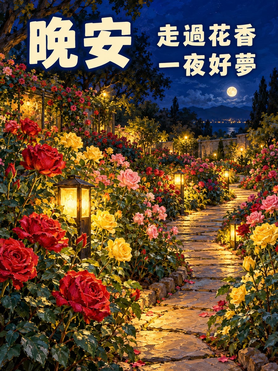 玫瑰園小徑的燈。圖中文字：晚安，走過花香，一夜好夢