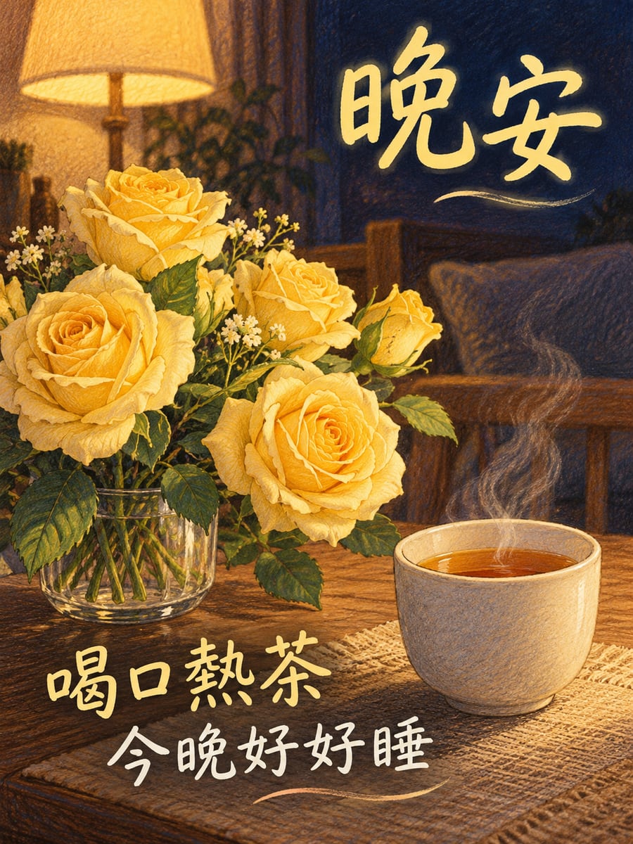 黃玫瑰與一杯熱茶。圖中文字：晚安，喝口熱茶，今晚好好睡