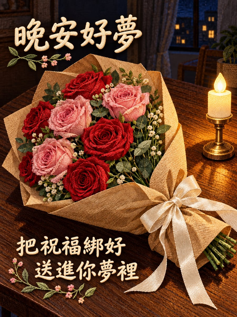 繫著緞帶的玫瑰花束。圖中文字：晚安好夢，把祝福綁好，送進你夢裡