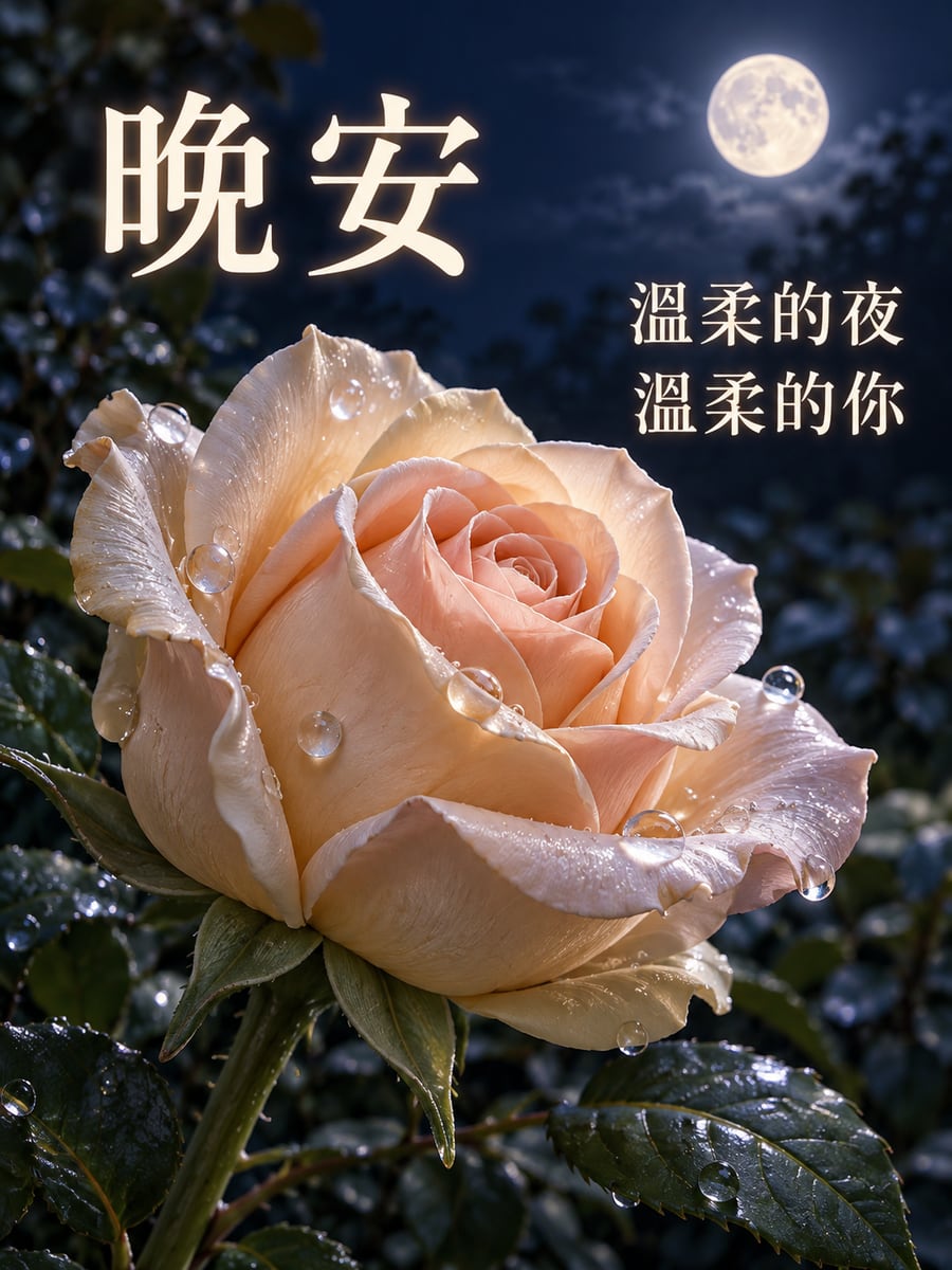 帶著夜露的香檳玫瑰。圖中文字：晚安，溫柔的夜，溫柔的你