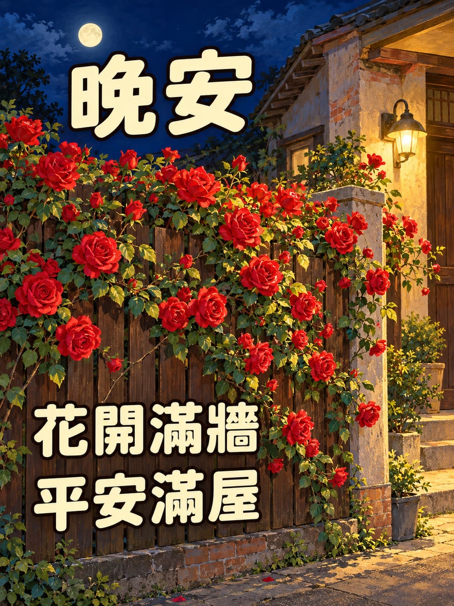 爬滿籬笆的玫瑰。圖中文字：晚安，花開滿牆，平安滿屋