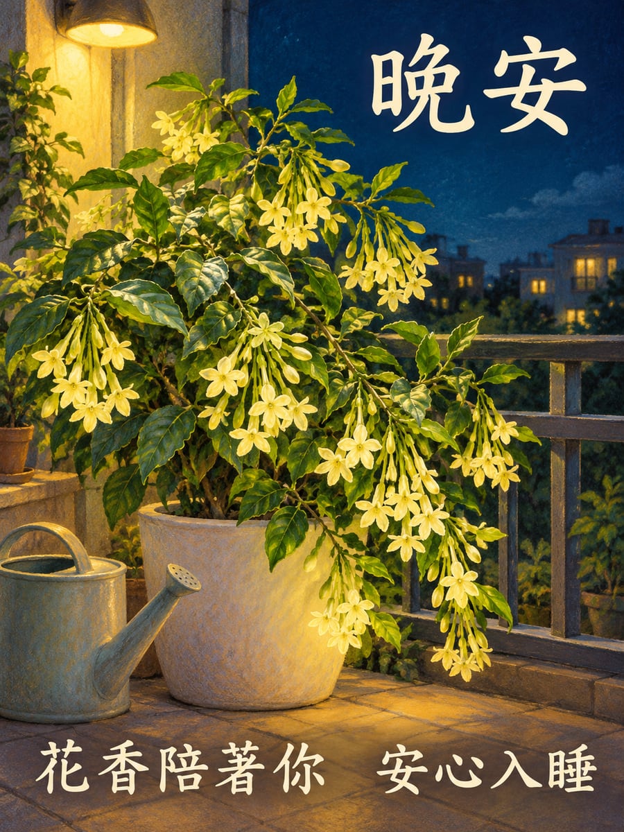 夜來香開了。圖中文字：晚安，花香陪著你，安心入睡
