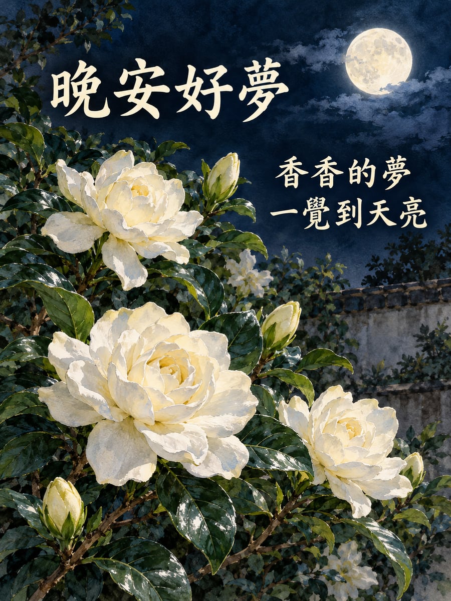 月光下的梔子花。圖中文字：晚安好夢，香香的夢，一覺到天亮