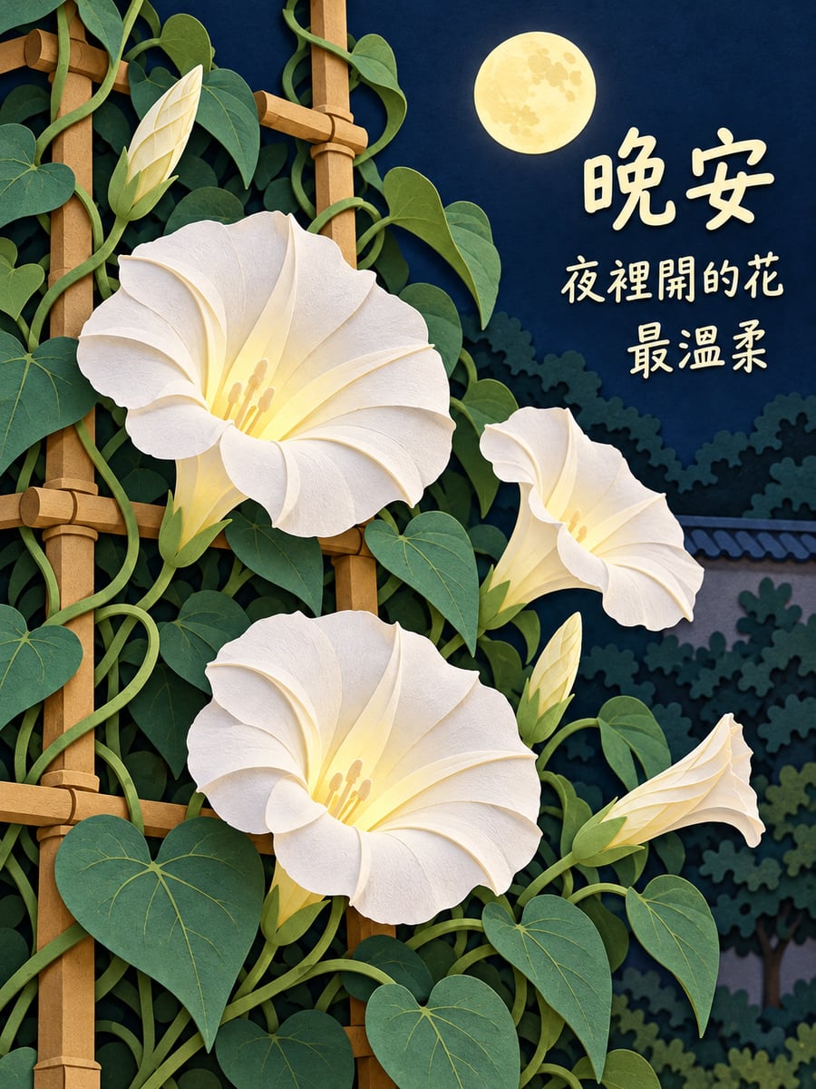 月光花綻放。圖中文字：晚安，夜裡開的花，最溫柔