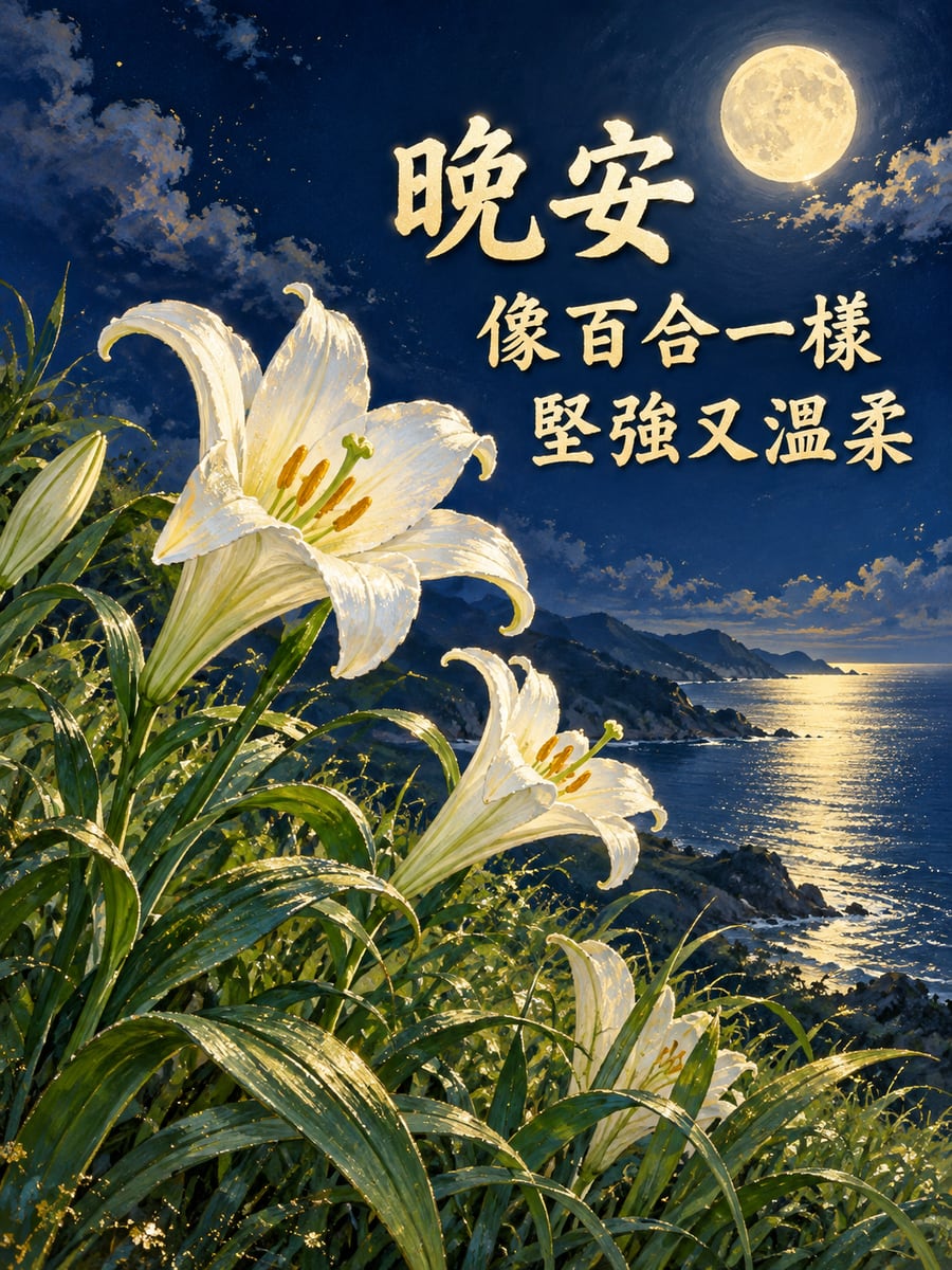 月下的野百合。圖中文字：晚安，像百合一樣，堅強又溫柔
