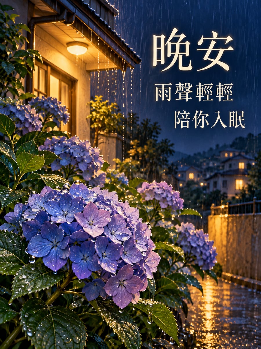 雨夜的繡球花。圖中文字：晚安，雨聲輕輕，陪你入眠