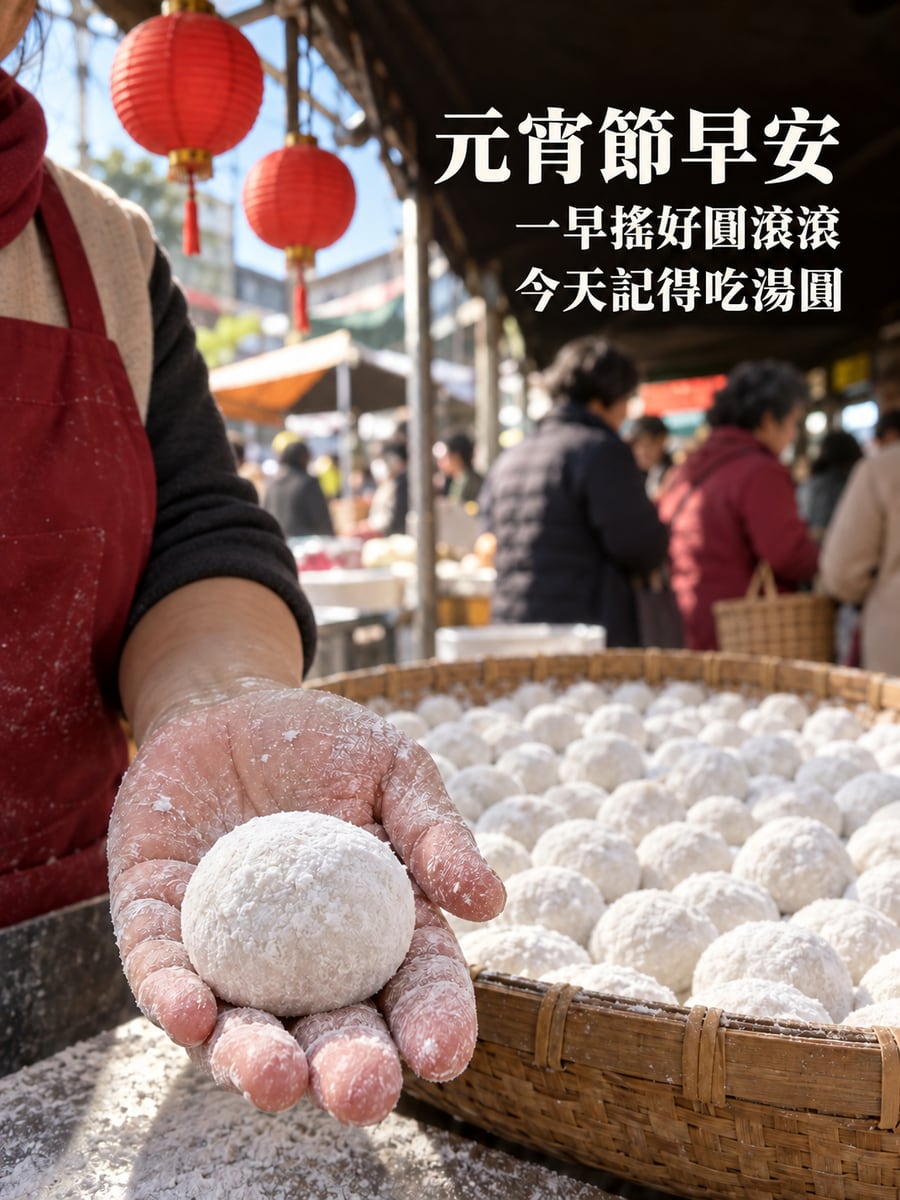 手心裡剛搖好的元宵。圖中文字：元宵節早安，一早搖好圓滾滾，今天記得吃湯圓