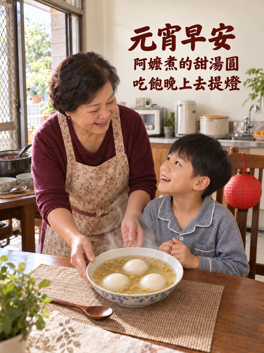阿嬤端上桌的早餐甜湯圓。圖中文字：元宵早安，阿嬤煮的甜湯圓，吃飽晚上去提燈