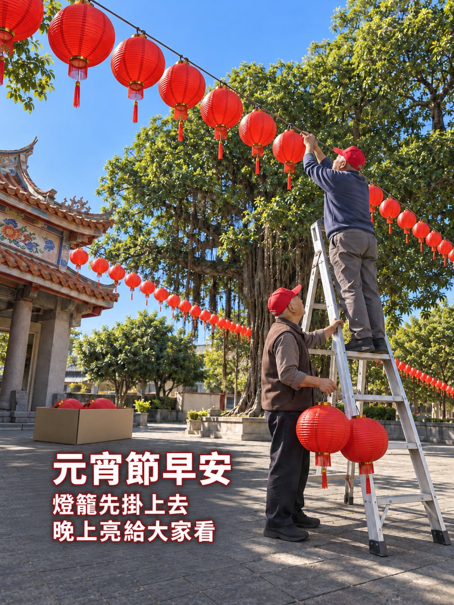 廟埕上午掛燈籠的志工。圖中文字：元宵節早安，燈籠先掛上去，晚上亮給大家看