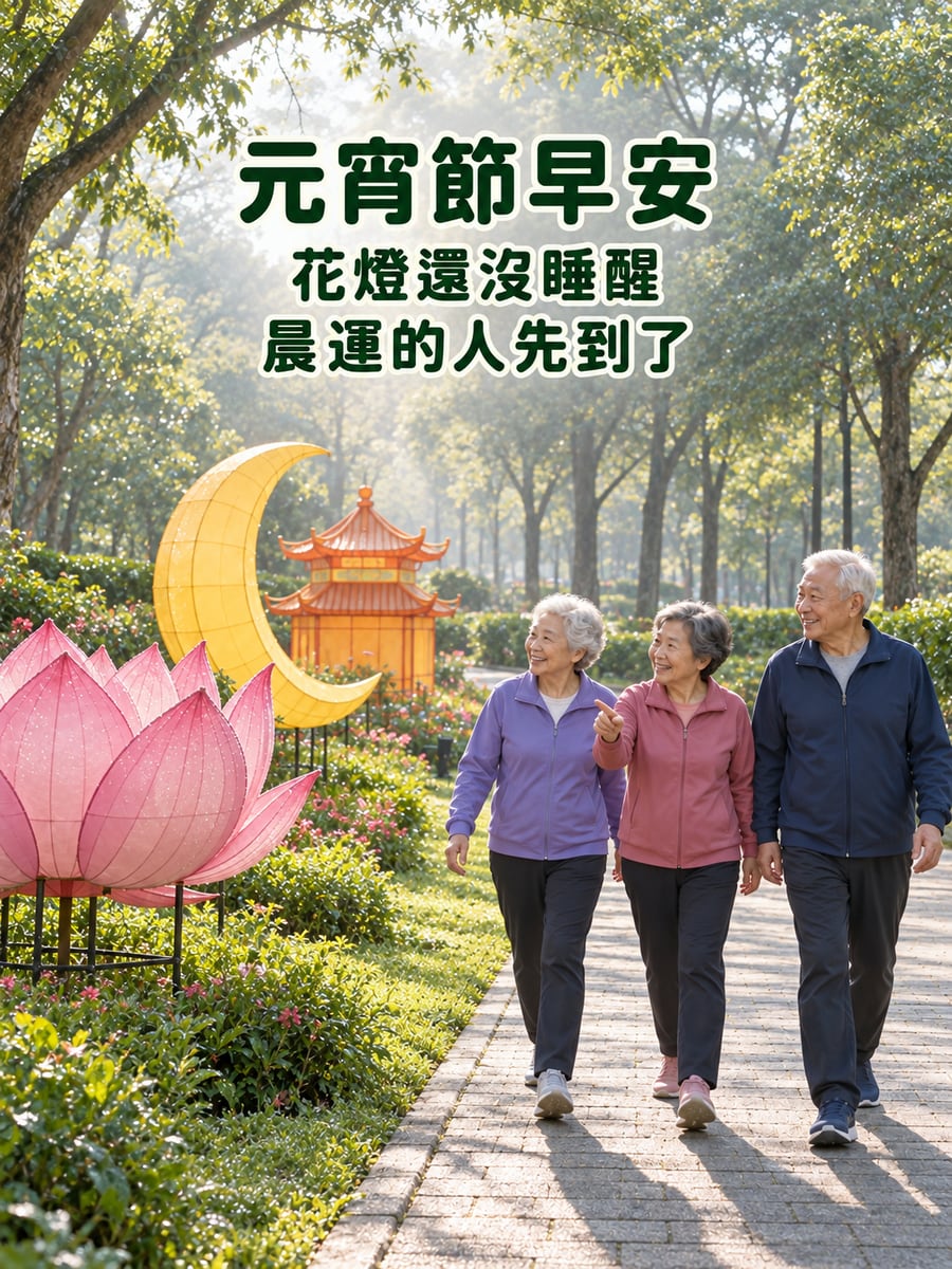 清晨公園還沒亮的花燈。圖中文字：元宵節早安，花燈還沒睡醒，晨運的人先到了