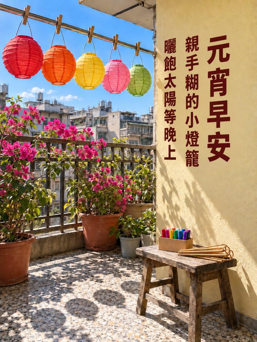 陽台上曬太陽的手作紙燈籠。圖中文字：元宵早安，親手糊的小燈籠，曬飽太陽等晚上